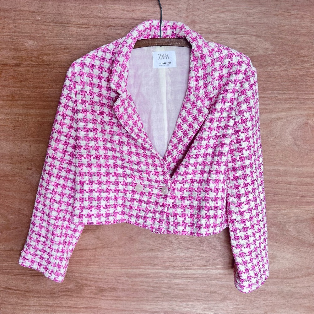 Zara Kids Girl's blazer jacket 13-14 tweed houndstooth cropped pink white *flaw*